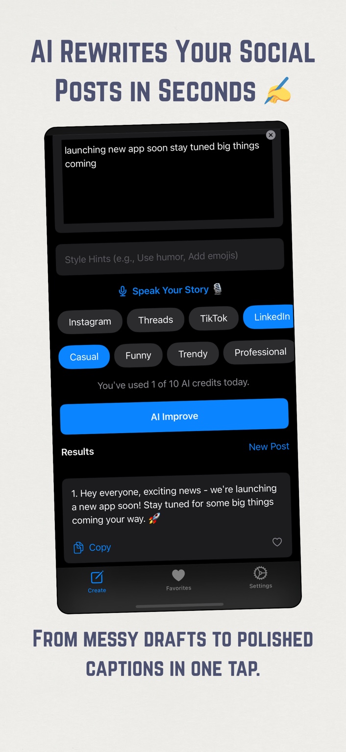 PostlyAI main interface showing voice input and AI caption generation