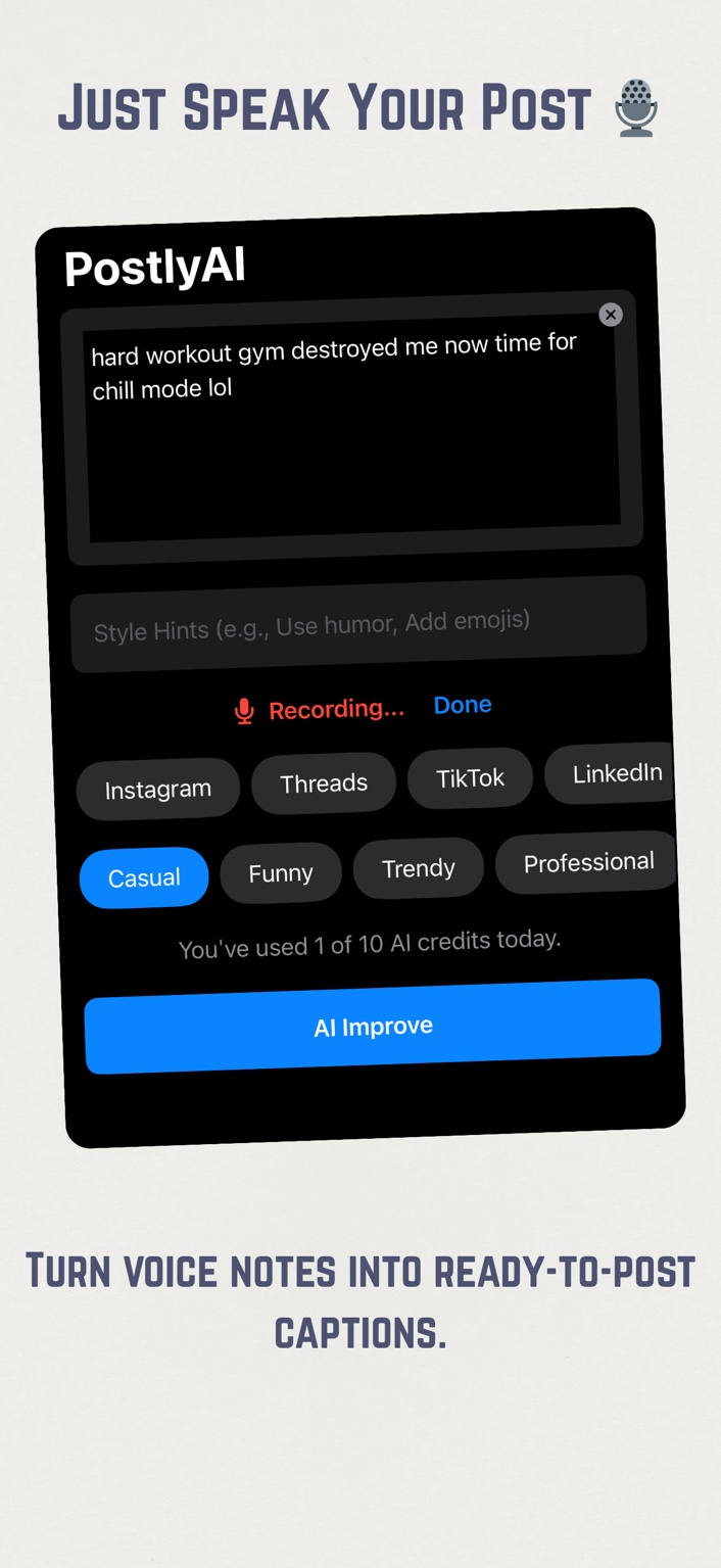 Voice input feature with real-time transcription in PostlyAI