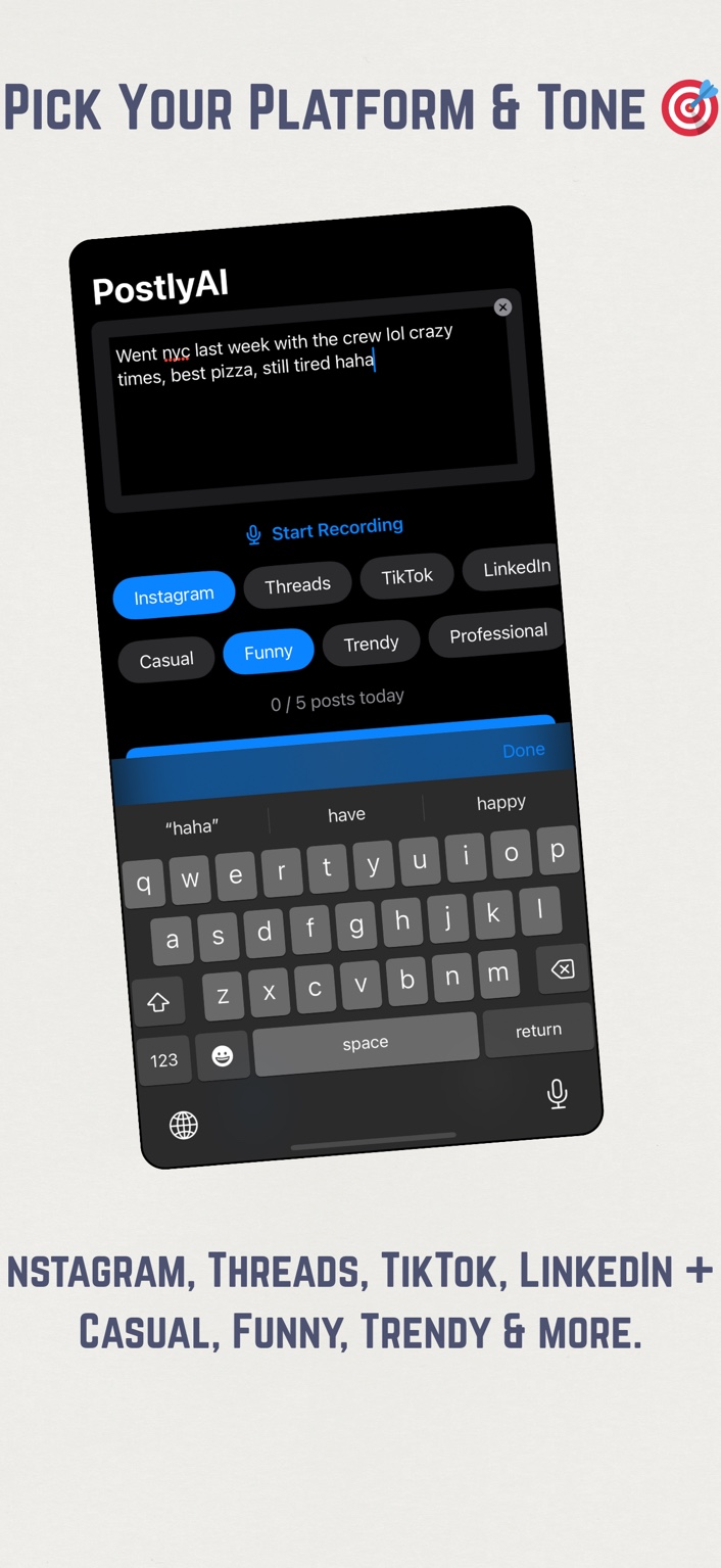 Platform and tone selection screen for customized captions