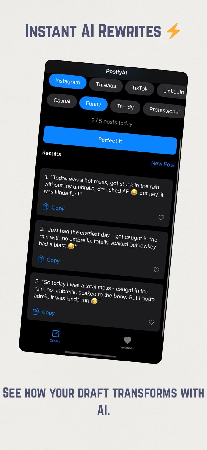 AI-generated caption suggestions with different tones and styles