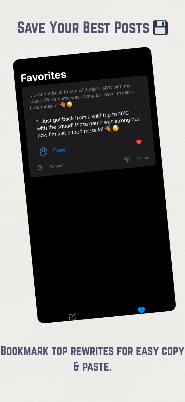 Favorites and copy functionality for saving best captions